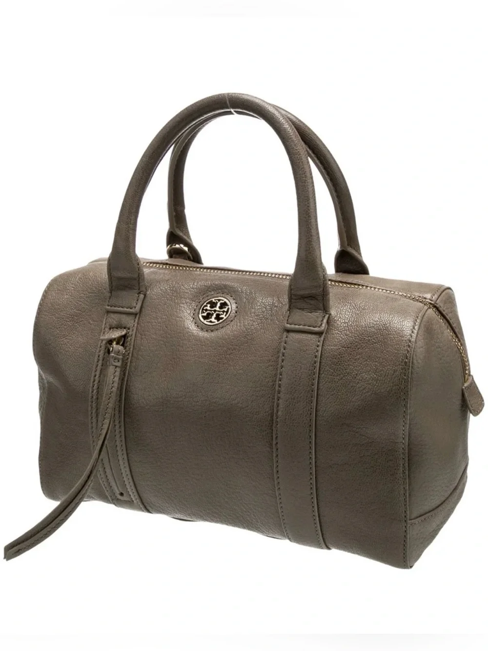 Tory Burch Taupe Pebbled Leather Satchel with Logo
